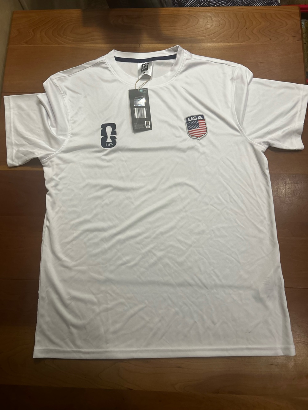 FIFA White Short Sleeve Crew Shirt with Team USA Patch- Licensed.